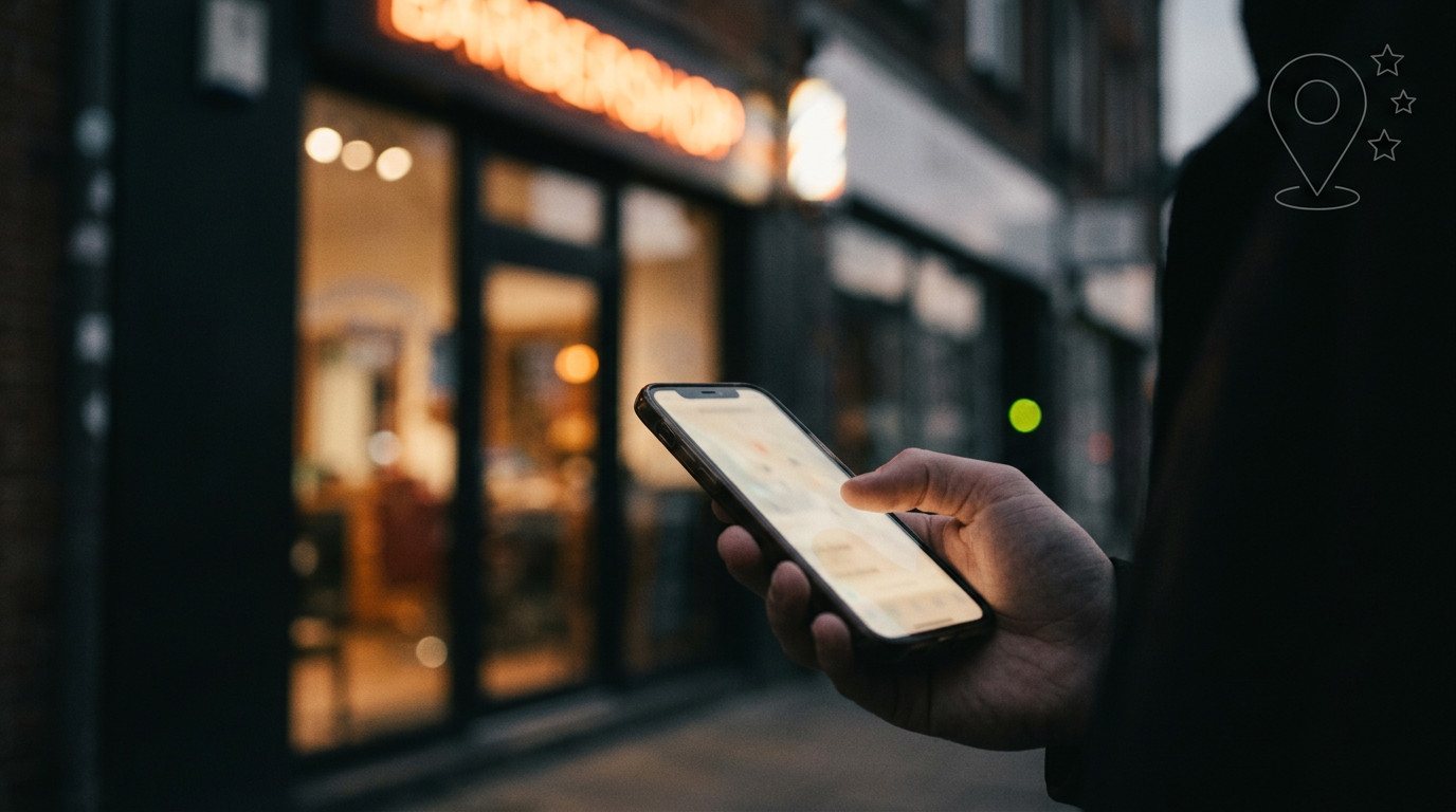 Hand mit Smartphone vor einem lokalen Ladengeschäft bei Abenddämmerung