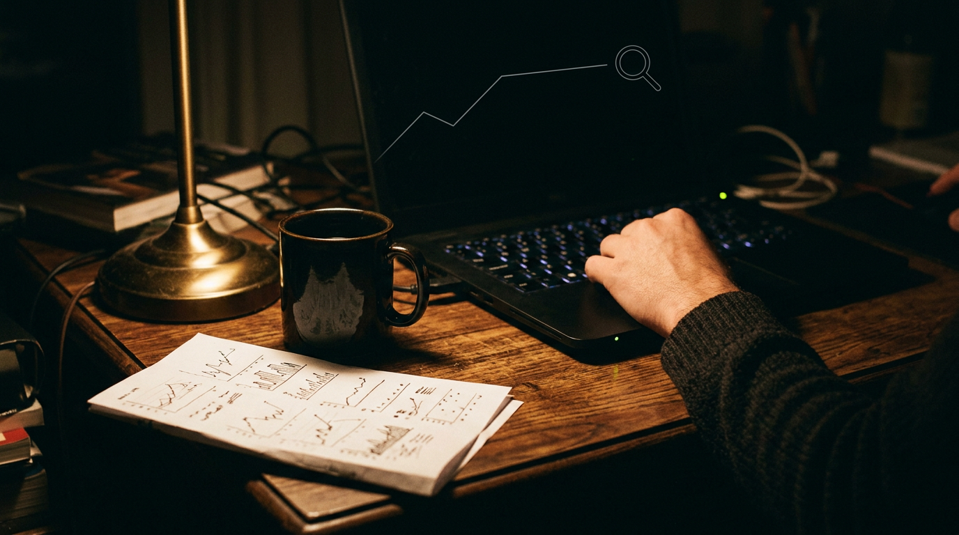 Hände am Laptop im dunklen Home-Office mit Tasse, Lampe und Auswertungsausdrucken