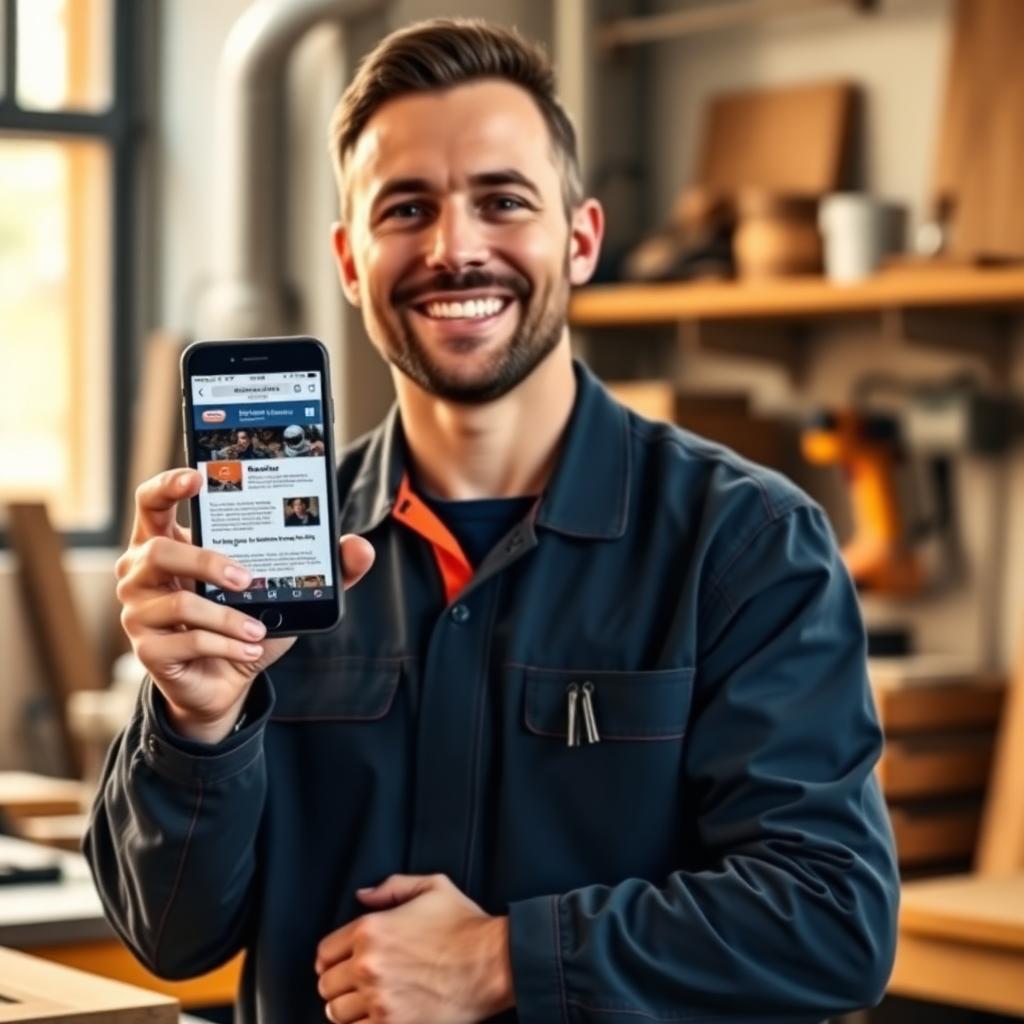Handwerker im Blaumann zeigt lächelnd ein Smartphone mit seiner Firmenwebsite