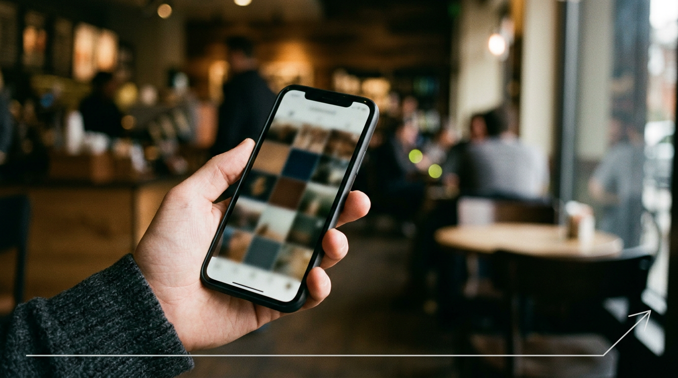 Hand mit Smartphone und abstraktem Foto-Feed in stimmungsvollem Café