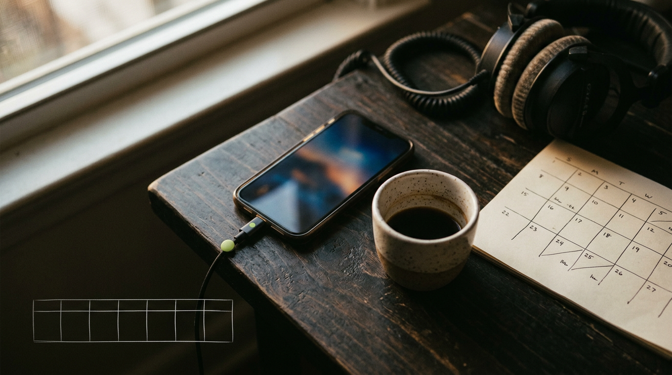 Schreibtisch mit Smartphone, Kaffeetasse, Kopfhörern und Wochenkalender im Fensterlicht