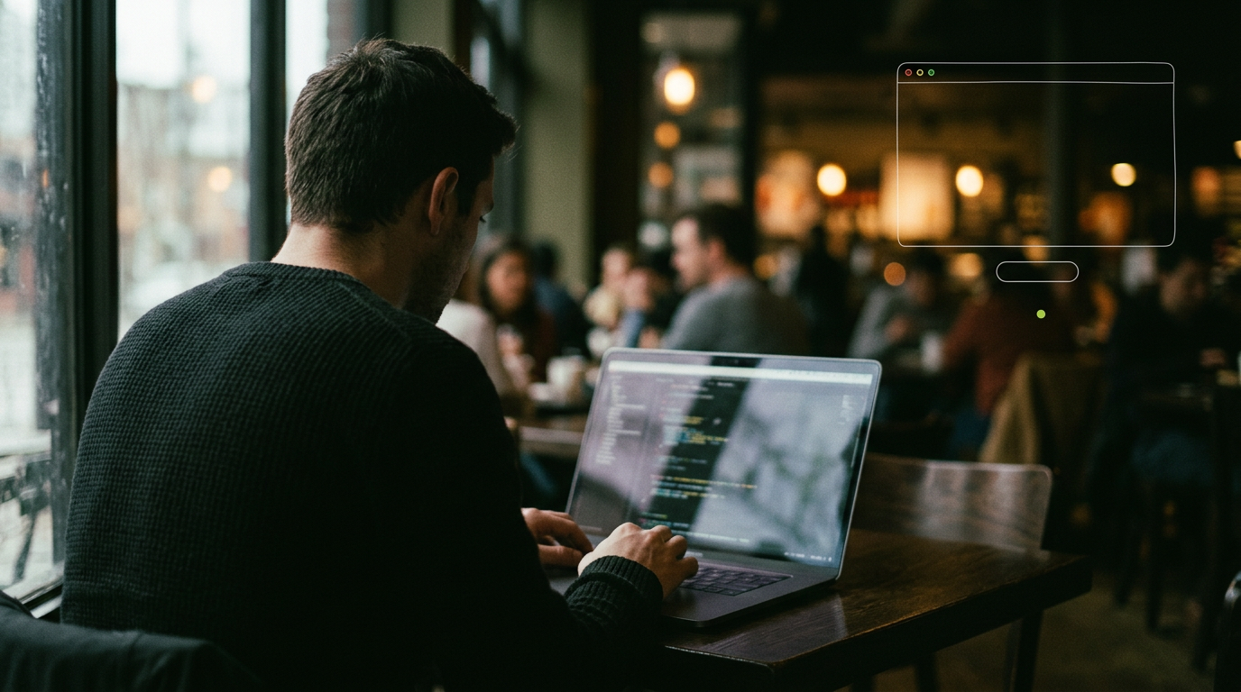 Person arbeitet konzentriert am Laptop in einem stimmungsvollen Café