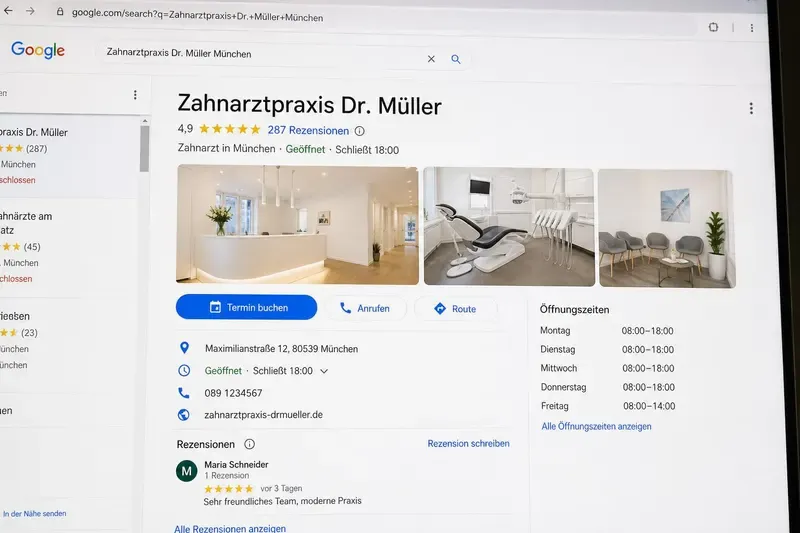 Optimiertes Google-Profil einer Arztpraxis mit Bewertungen, Öffnungszeiten und Termin-Button