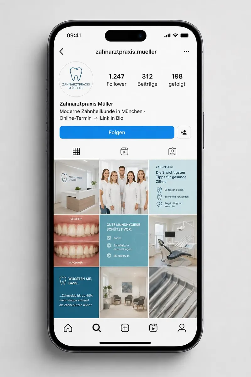 Instagram-Profil einer Praxis mit seriösem Feed-Grid und Patiententipps